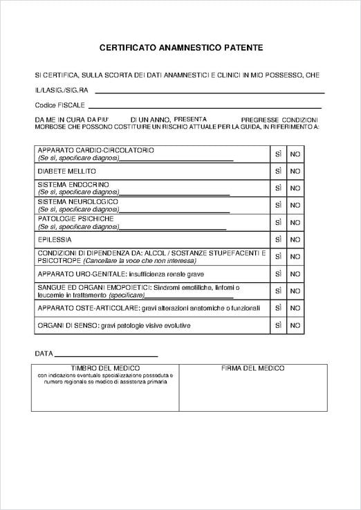 Anteprima del modulo: Certificato anamnestico per patente di guida